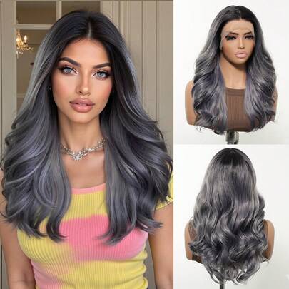18 Inch 13*4 Lace Front Dark Rooted Silver Grey Ombre Loose Wave Wig Synthetic Hair Wigs For Women Heat Resistant Fiber Daily Wear Office Work School Date Night Birthday Party Cosplay Halloween Christmas Thanksgiving Festival Concert Rave Y2K Aesthetic Gift For Her Best Friend Sister Mom Girlfriend Natural Looking Realistic Scalp Glueless Pre-Plucked Bleached Knots Easy Wear Ombre Wig Medium Wavy Wig Lace Front Wig Fashion Wig For Women