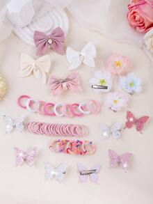 181pcs Pink Ombre Dreamy Princess Style Hair Accessories Set For Girls, Spring & Summer, Includes Shiny Butterfly Hair Clips, Pearl Bow Hair Clips, Camellia Hair Clips, High Elastic Non-Damaging Hair Ties, Suitable For Daily, Outing, Party To Create Elegant Hairstyles - Multicolor - View 10