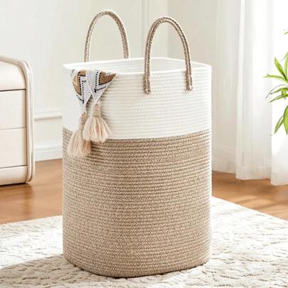 1Pc 60/80/100L Laundry Basket,Woven Cotton Rope Laundry Hamper Versatile Storage For Dirty Clothes,Baby Toys,And Blankets In Bathroom, Nursery,And Living Room