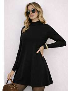 Women's Short Dress With Long Sleeves, Soft Suedine Cotton, Comfortable Premium Knit - màu đen - Xem 8