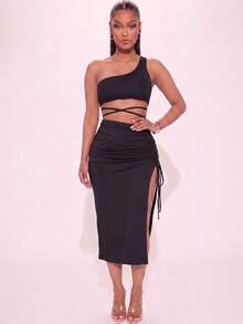 Women's Sexy One Shoulder Crop Top With Criss Cross Detail And Ruched Split Thigh Midi Skirt Two Piece Set Comfortable Knitted Fabric For Casual Or Party Wear - 黑色 - 查看 1
