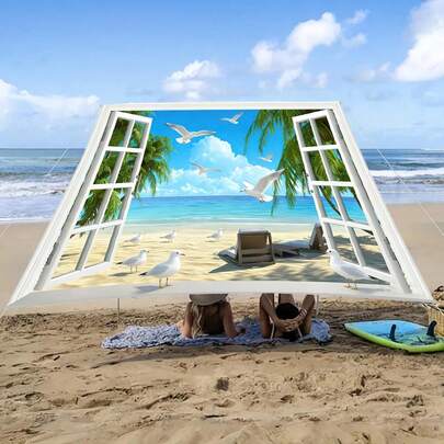 1pc Outdoor Sunshade Cloth With Seascape Sunset Beach Print, Suitable For Camping, Garden, Patio, Beach, Picnic (Excluding Pole)