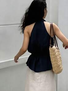 纯色露背深V领设计，系带腰身，无袖背心，女士夏季款 - 寶藍色 - 查看 2