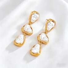 1 par de pendientes asimétricos de estilo palaciego vintage con perlas colgantes, pendientes largos de metal para mujeres, adecuados para bodas y galas [tamaño y forma de la perla asignados al azar] - pendientes de borlas de perlas - Ver 6