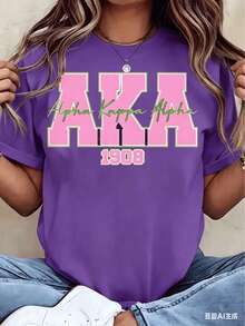 2026 Summer New Theme Women T Shirt Alpha Alpha AKA 1908 Sorority Print Crew Neck Short Sleeve Casual Top Gift For College Students - Màu tím - Xem 1