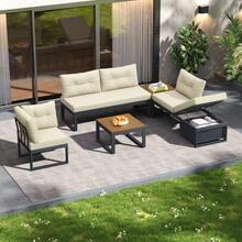 Multi-Purpose Garden Furniture Set With 3-Position Adjustable Backrest And Reclining Function, Thick Comfort Cushions, Storage Space And Weatherproof Polyester Cover – For Patio, Balcony And Garden. Beige - Krem - View 3