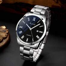 4pcs/Set Minimalist Casual Men's Quartz Watch Set, Including Silver Metal Watch Band, Black Dial Roman Numeral Quartz Watch, Silver Cuban Link Bracelet, Silver Necklace, Silver Embossed Ring. The Core Is Made Of Cool-Toned Stainless Steel, The Black Dial Watch Face With Roman Numerals Showcases Elegance, And The Metal Band Is Durable And Comfortable To Wear. - Silver - View 8
