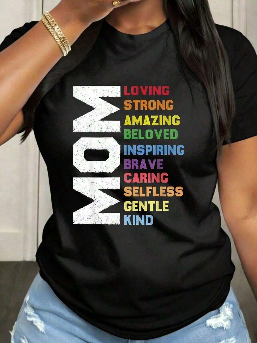 Playera de mujer 100% algodón manga corta cuello redondo gráfico de frase "Mom" con colores vibrantes para verano - Negro - Ver 1