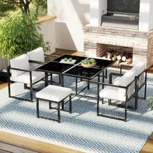 7-Piece Outdoor Dining Table And Chair Set For 6 People, Tempered Glass Table, Suitable For Backyard Meals Or Garden Patio Dining - 黑白 - 查看 5