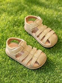 1 Pair Children's Sandals With PU Upper, Non-Slip Outsole, Hook And Loop Closure, 2026 New Closed Toe Design To Better Protect Kids' Feet, Soft & Breathable Lining, Suitable For Walking, Playing, Beach, Casual Wear - Camel - View 3