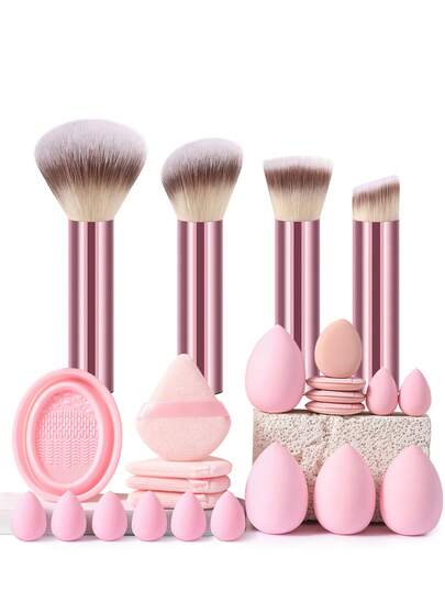 25-Piece Complete Makeup Tool Set With 4 Rose Gold Makeup Brushes, 20 Soft Makeup Powder Puffs & 1 Brush Cleaner Tool