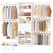 60 Inch White Expandable Closet Organizer System, 1.58-6.8FT Walk-In Closet With 5 Hanging Rods & Reversible Hanging Shelving, Wooden Drawers Included - White - View 10