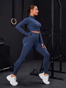 Seamless Zip-Up Tracksuit With Thumb Holes - Navy Blue - View 3
