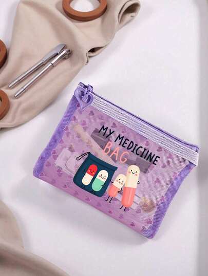 1个印有“My Medicane Bag”字样和药丸图案的便携式网状药袋，便携式露营药包，紧凑型急救包，旅行和居家便携收纳袋，小型药袋，便捷药盒，可爱化妆包，化妆品袋，洗漱包，多种颜色可选，适用于日常/返校/户外/旅行/车载及紧急情况，是注重健康和经常外出人士的必备之选，必备医疗配件，日常健康收纳包