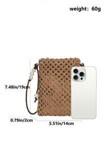 Pochette de téléphone en paille tressée à ouverture supérieure avec décoration de perles minimaliste, sac de plage d'été pour femmes, sac à provisions léger pour maquillage et pièces de monnaie, sac bandoulière - Kaki - Voir 6
