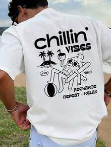 1 Men's Graphic Print T-Shirt, Beach Summer Wear, Loose Fit Short Sleeve T-Shirt For Men - White - View 6