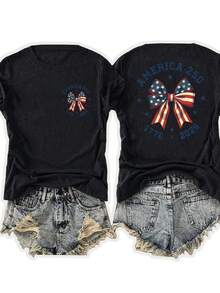 Summer New Arrival Unisex Teen American Flag 250th Anniversary Print Crew Neck Tee, Light Breathable Loose Casual Patriotic Short Sleeve Street Top - 黑色 - 查看 1