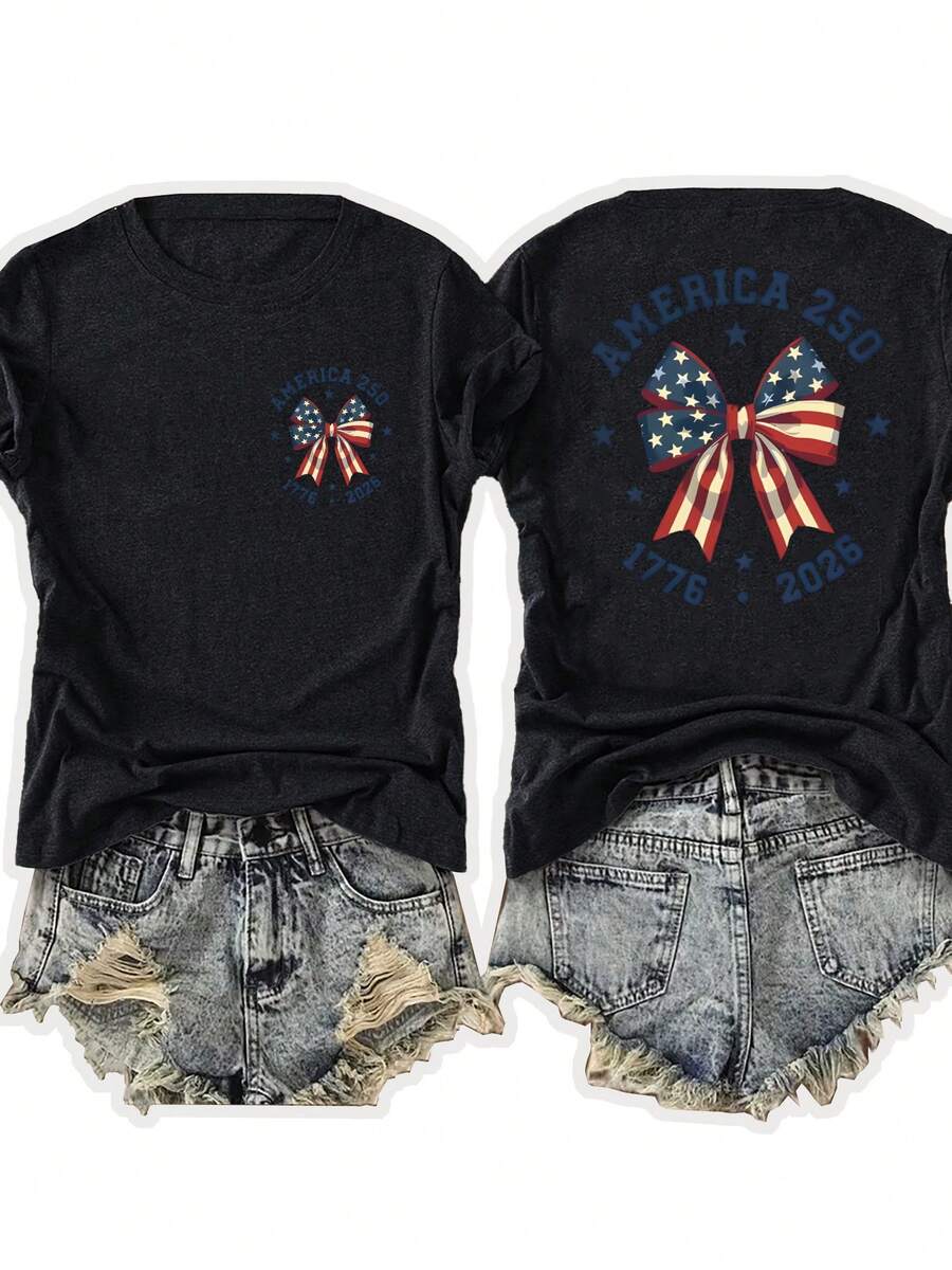 Summer New Arrival Unisex Teen American Flag 250th Anniversary Print Crew Neck Tee, Light Breathable Loose Casual Patriotic Short Sleeve Street Top - 黑色 - 查看 1