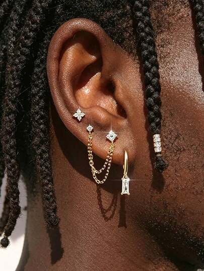 3 pares de aretes de flor con cadena de circonita estilo hip hop, chapados en oro, joyería de pareja, adecuado para festival de música, viaje, aniversario, regalo de cumpleaños para novio