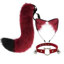 Faux Fur Cat Ears Hair Clip Furry Wolf Fox Tail Halloween Bell Leather Neck Chocker Cosplay Set - Black - View 1