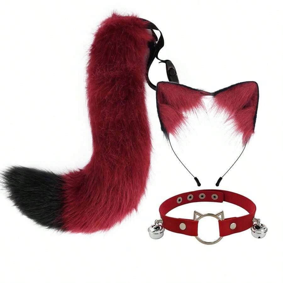 Faux Fur Cat Ears Hair Clip Furry Wolf Fox Tail Halloween Bell Leather Neck Chocker Cosplay Set - Black - View 1