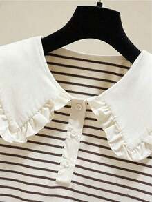 Girls' Ruffled Striped Short Sleeve Blouse, Sweet Back To School Shirt For Toddler & Big Girls - Coffee Brown - View 5