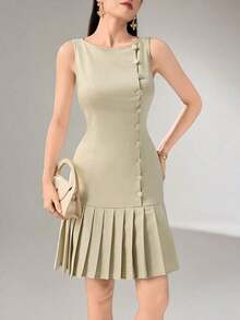 Vestido corto elegante de unicolor con dobladillo plisado y sin mangas - Caqui - Ver 4