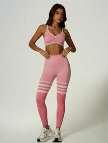 UONNOU Seamless Striped Sports Leggings, Butt Lifting Compression Workout Pants - Pink - View 10