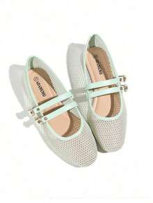 New Women Flat Ballet Mesh Shoes, Black And Beige, Round Toe, Solid Color Breathable Casual Flat Shoes, Fashionable And Comfortable - 綠色 - 查看 2