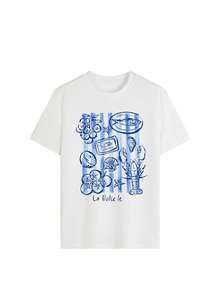 Women's Seafood Graffiti Print Short Sleeve T-Shirt | Blue And White Striped Contrast | French Casual Style | Loose Fit | Summer Vacation/Beach/Daily Street Unique Top | Food Element Design T-Shirt - White - View 2