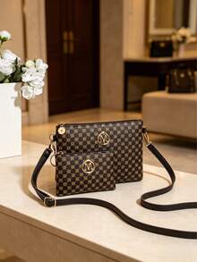 Women's Retro Polka Dot Print Crossbody Bag + Coin Purse Set, Suitable For Holiday Beach - Coffee Brown - View 4