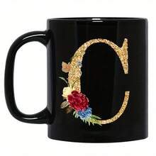 1pc Gold Letter & Floral Print Ceramic Coffee Mug, Beautiful & Practical Gift For Women, Girls, Office, Home Use - Black - View 19