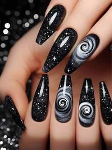 24pcs Black Fashionable French Rectangular Fake Nail Tips, With Starry Swirl Pattern, Includes Jelly Glue And Nail File, Suitable For Party, Event And Daily Wear. Suitable For Hen Party, Prom And Casual Daily Wear. Removable And Reusable Nail Art Decoration - Multicolor - View 7