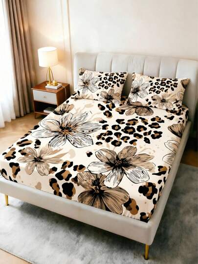 1 bộ ga trải giường phong cách Boho họa tiết da báo và hoa, màu be nâu, mềm mại, thân thiện với da, chống trơn trượt, phù hợp với giường đơn/đôi/nữ hoàng/vua, có thể giặt máy, lý tưởng cho trang trí phòng ngủ.