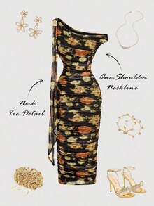 Vestido midi elegante con estampado floral vintage, cuello asimétrico, tejido fruncido ajustado y pañuelo decorativo para mujer eventos y verano - Multicolor 2 - Ver 2