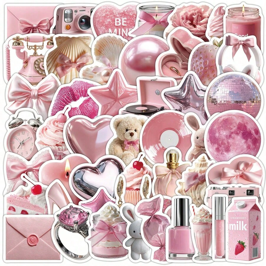 50pcs Pink Aesthetic Cartoon Doodle Self-Adhesive Stickers, Decorative For Journals, Skateboards, Guitars, Cups, Creative Decorative Doodle Stickers - TQ50-1208 - View 1