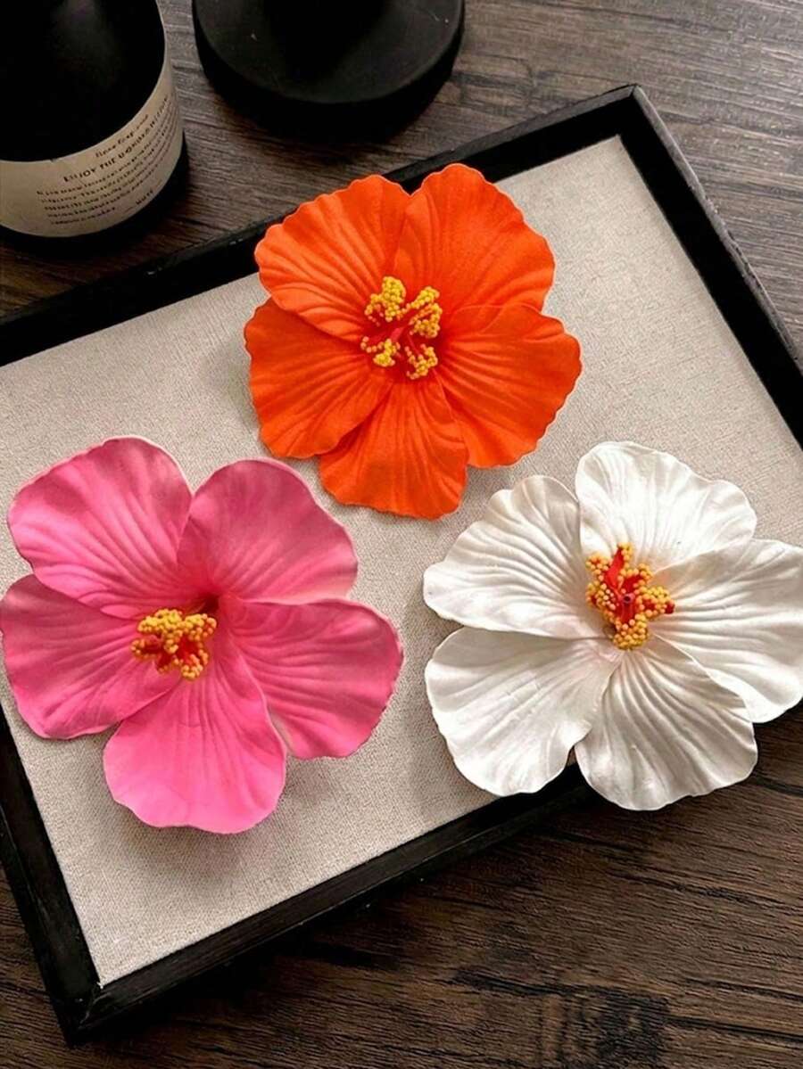 3个夏威夷花朵发夹,人造花朵发夹,芙蓉花发夹,莲花发夹,适合假日海滩派对、夏季热带花朵发饰、婚礼派对、送给女性的礼物、母亲节、发爪、发夹、节日、生日 - 彩色 - 查看 1