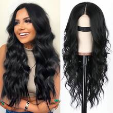AISI HAIR Black Wig For Women, Long Wavy Lace Hairline Middle Part Synthetic Heat Resistant Wig For Daily Party-26 Inch - 黑色 - 查看 9