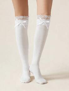 1PC/2pcs Women's Solid Color Calf-Length Socks Sweet Lace Trim Cute Bow Detail Cut-Out Socks, Breathable Lightweight Adorable Hosiery For Daily Commute - Multicolor - View 1