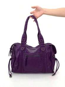 Women's Fashion Street Punk Retro Shoulder Bag, Large Capacity Y2K Biker Handbag, Vegan Leather City Commuter Bag, Detachable Strap Crossbody Bag, Suitable For Daily Use And Gatherings, Great Gift, New Ladies Handbag , Punk - Màu tím - Xem 9