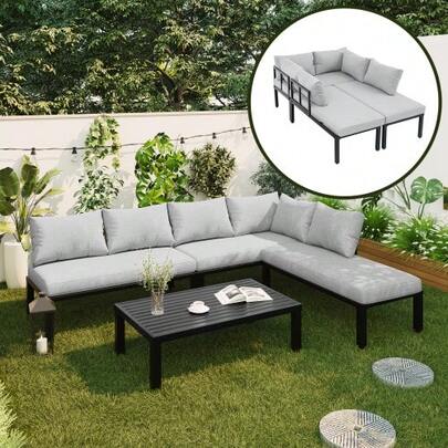 Garten-Essgruppe,Gartenmöbel-Set, Garten-Loungesessel-Set Mit Verzinktem Eisenrahmen,6-Sitzer, Verstellbare Beine, Abnehmbare Rückenlehne, Modulares Sofa, Tischplatte Aus Verzinktem Eisen, Gray