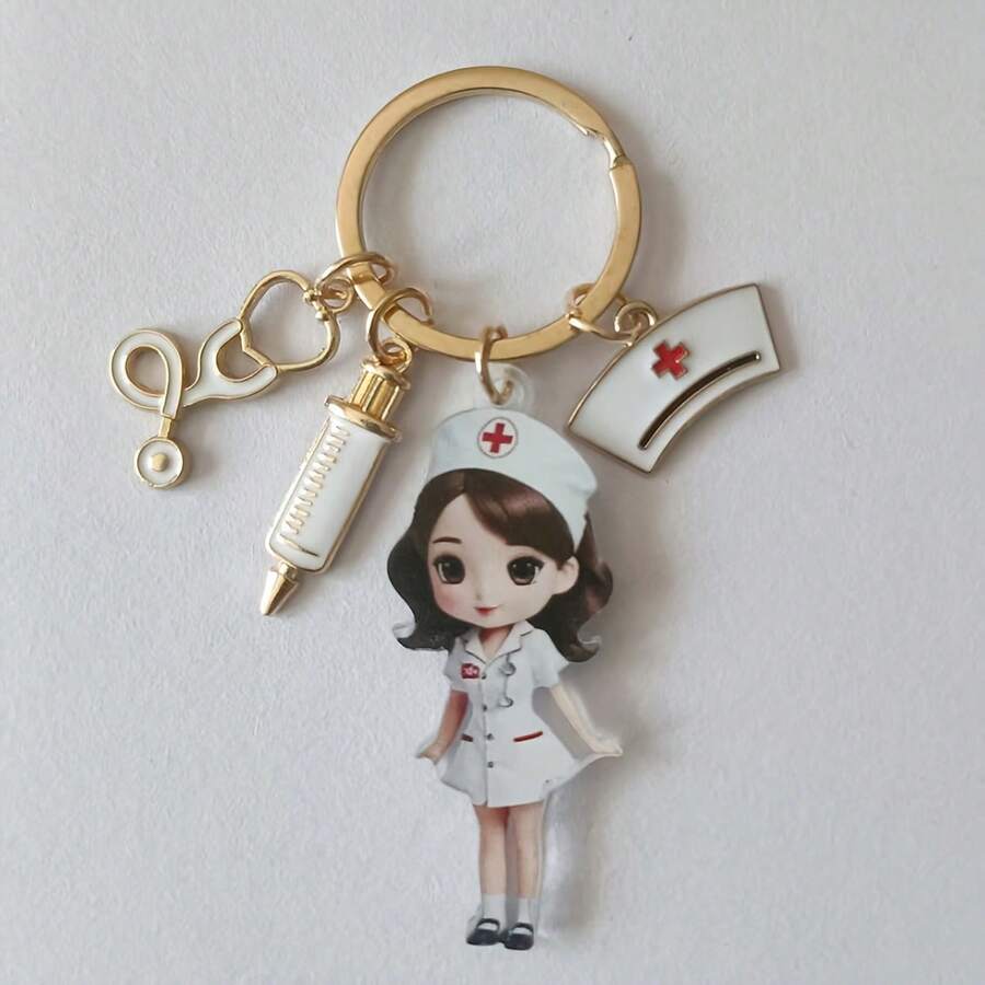 2D平面护士钥匙扣，可爱卡通造型，配有听诊器和红十字标志，耐用铁合金材质，是送给医护人员的礼物。 - 彩色 - 查看 1
