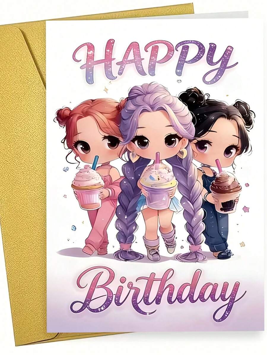 1 chiếc thiệp "Chúc mừng sinh nhật" hình Chibi Friends uống trà sữa trân châu. Bao gồm phong bì, giấy mờ cao cấp. Thiết kế hình ảnh các cô gái anime dễ thương và chữ lấp lánh. Hoàn hảo cho bạn thân - Thiệp sinh nhật Kawaii lý tưởng (12cm/4.7in X 17cm/6.7in) - phong bì màu nâu - Xem 1