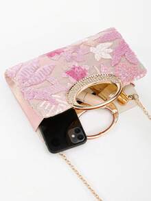 New European And American Fashion Pearl Embroidered Box Clutch Bag, Wedding/Evening Party Purse, Random Pattern - Pink - View 5