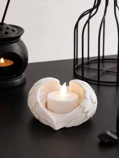 Soporte de vela con alas de ángel - Decoración del hogar creativa para velas de té y velas falsas, decoración de escritorio para sala de estar, dormitorio, oficina, regalo único para Navidad, inauguración de la casa, cumpleaños para entusiastas de la decoración, damas, amigos, apto para velas de té y velas sin llama, decoración central