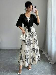 Conjunto de Vestido e Jaqueta Chiffon com Estampa de Rosa Elegante Feminino, Conjunto Gracioso para Praia, Encontro, Dia dos Namorados, Uso Casual Diário, Verão e Primavera Preto - Preto - Visão 2