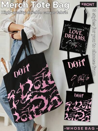 Bolso de lona con diseño de dibujos animados SK/DO IT, bolso de lona reutilizable, bolso de mano de gran capacidad con exterior reforzado, bolso de hombro con ilustración pintada a mano, regalo para fans de STAY, bolso para ir al trabajo/de compras, bolso de la compra reutilizable, bolso grande plegable de capacidad casual para la compra de comestibles