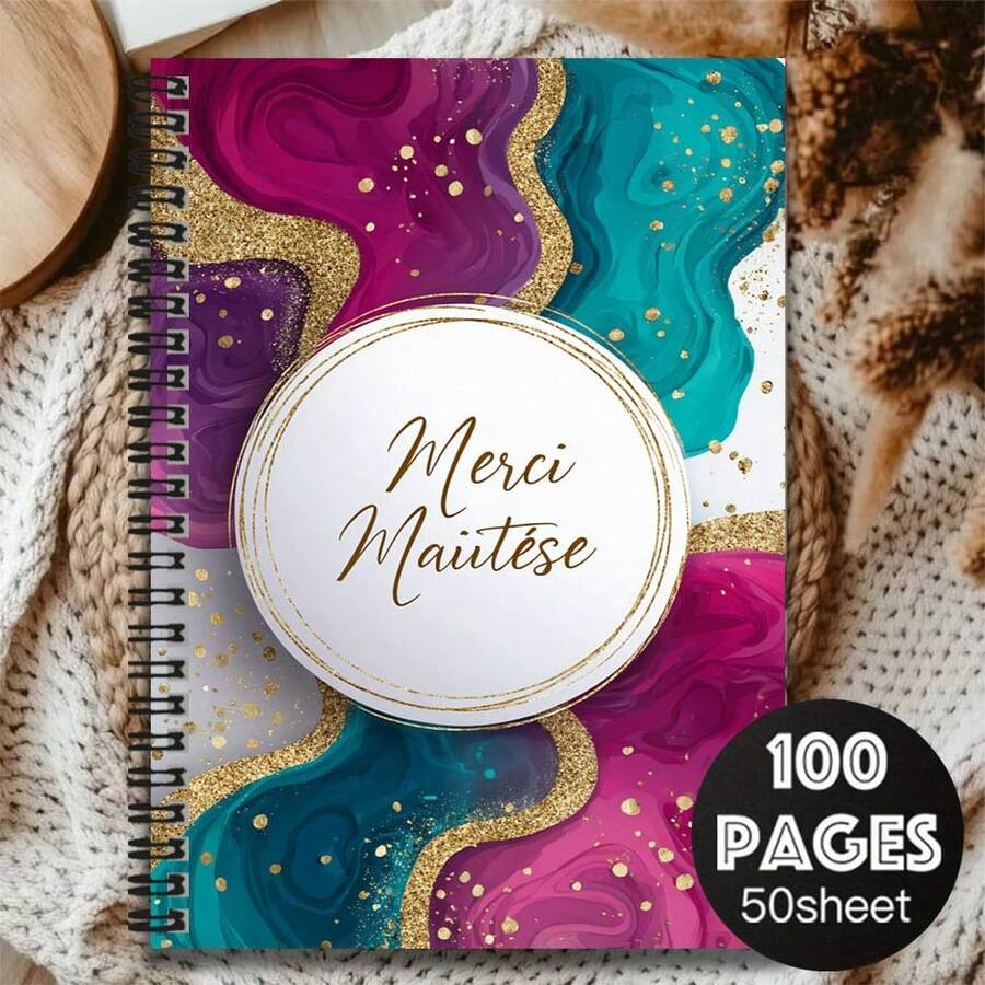 1pc "Merci Maitèse" Spiral Notebook, Featuring Elegant French Style, Vibrant Fluid Art Cover With Shimmering Gold Foil, 100 Pages High Capacity For Work, Study, Daily Planning, Ideal Gift For Graduation, Birthday And More - A - View 1