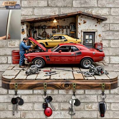 1 pièce Porte-clés plat 2D sur le thème de la réparation automobile, support mural décoratif multifonctionnel avec 4 crochets en métal, décoration murale, décoration de chambre, convient pour la décoration de la maison en toutes saisons