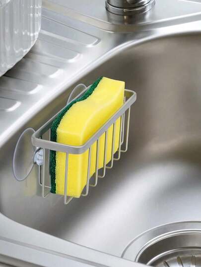 1pc Stainless Steel Kitchen Sink Sponge Holder With Suction Cup, No Drilling Required Kitchen Hook, Steel Wool Storage Rack, Suitable For Kitchen Sink And Bathroom Storage
